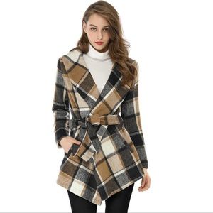 Turn Down Collar Asymmetric Hem Thin Plaids Wrap Coat